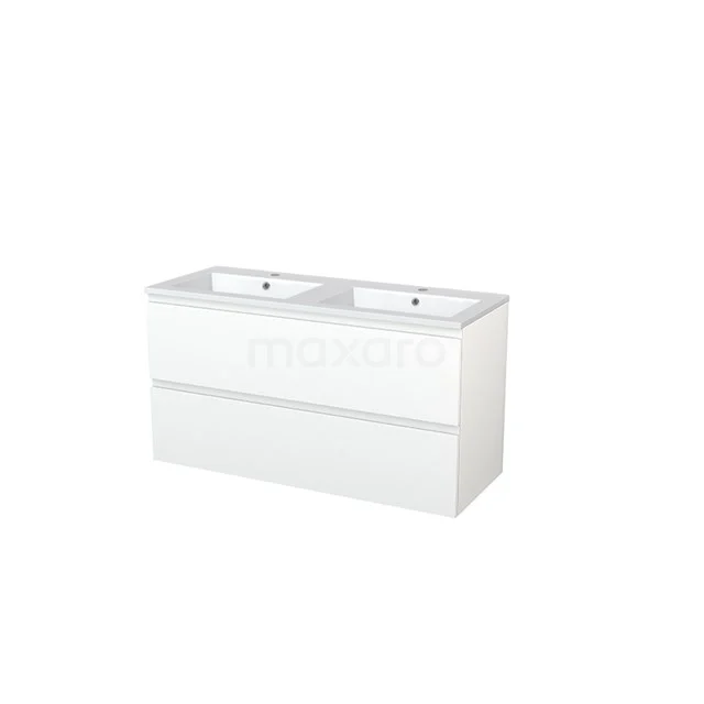 White double vanity unit with modern, sleek design and two ceramic sinks, ideal for a stylish bathroom.
