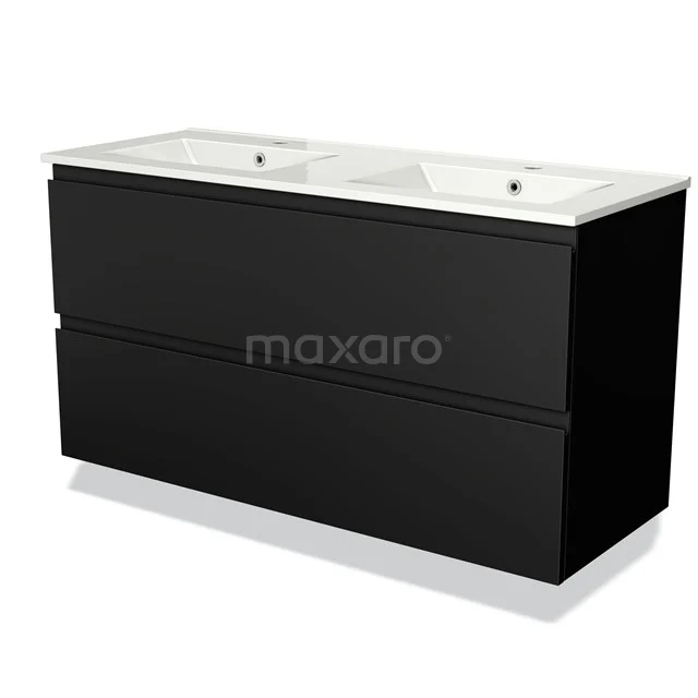 Black double bathroom unit with white ceramic vanity units with basin; sleek design, ideal for modern bathrooms.