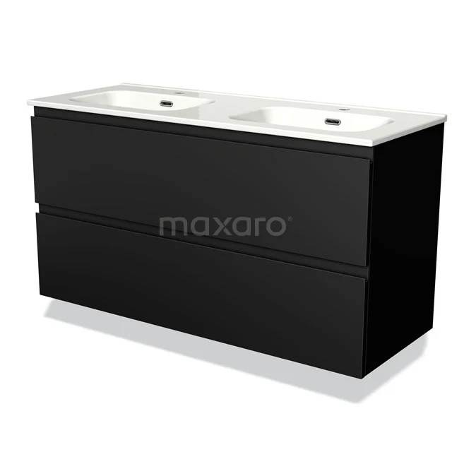 Black double vanity unit with sleek drawers, made of high-quality materials, perfect for a modern bathroom design.