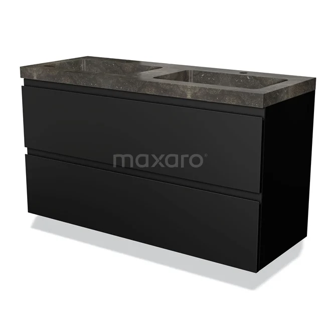 Black bathroom furniture set with marble basin worktop and double drawers, perfect for a modern bathroom.