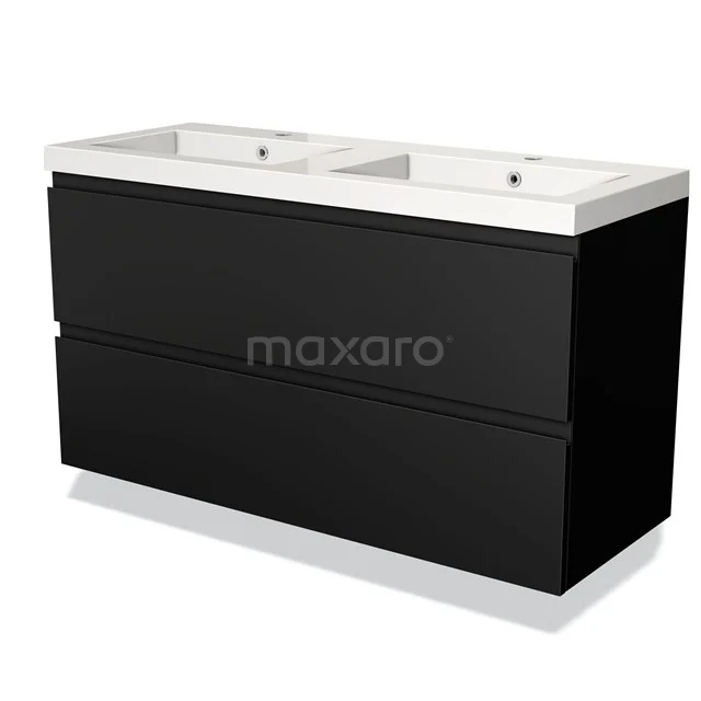 Black double vanity unit with white ceramic sink, modern design, ideal for a stylish bathroom.