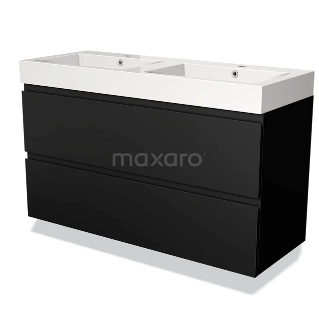 Black double vanity unit with matte white finish and white ceramic sink, ideal for modern bathroom design.