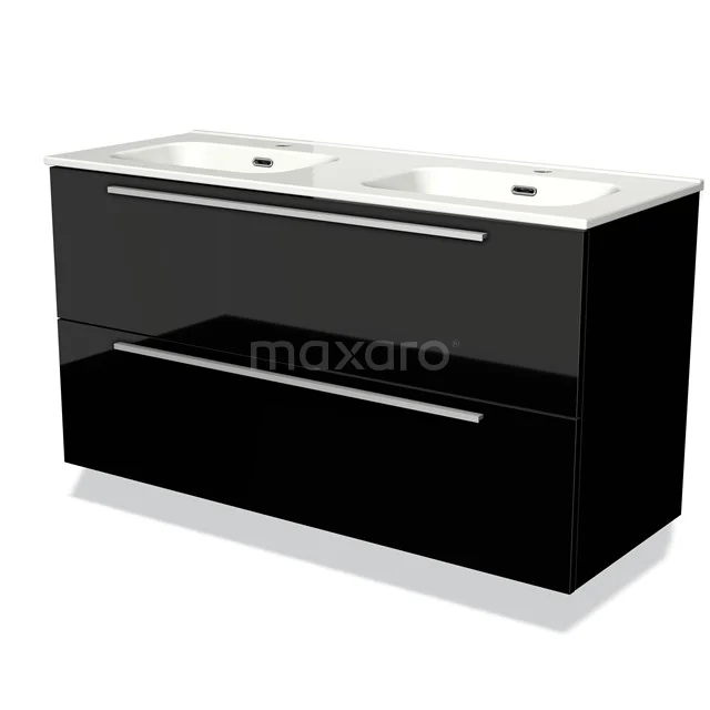 Schwarzes Hochglanz-Badmöbelset mit Doppelwaschbecken, breiten Schubladen und minimalistischem Design für moderne Bäder.