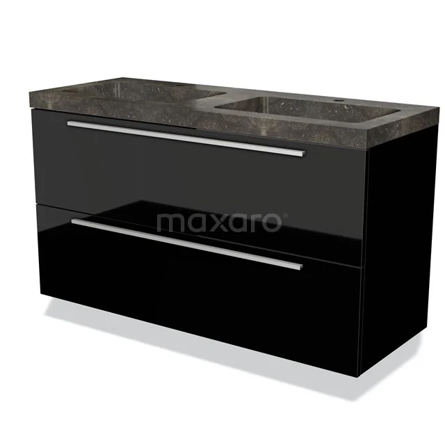 Black bathroom unit with high-gloss finish, double drawers and marble basin worktop, modern design.