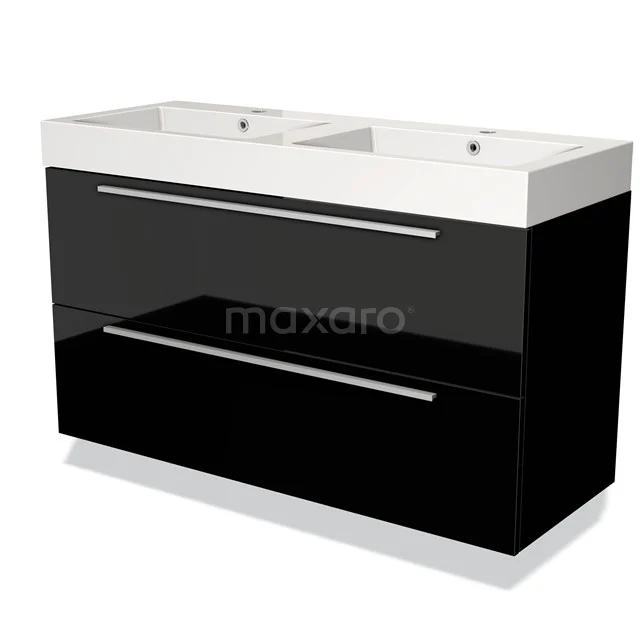 Schwarz glänzendes Badmöbel mit Doppelwaschbecken, klaren Linien und eleganten chromfarbenen Haltegriffen.
