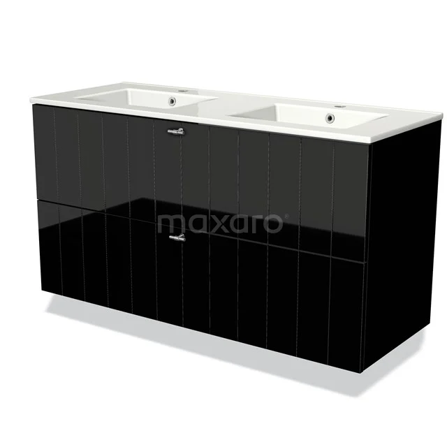 Black glossy vanity units with basin, modern design, clean lines and ample storage.