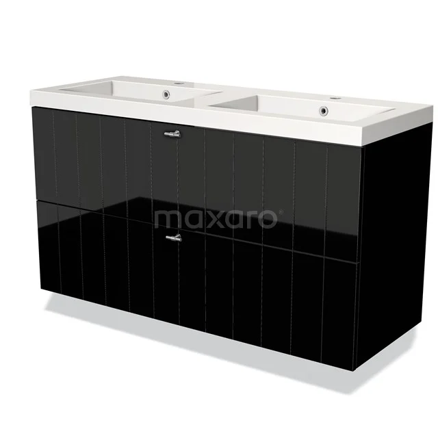 Black double basin vanity unit with high-gloss black finish, ceramic basin and clean lines, perfect for a modern bathroom.