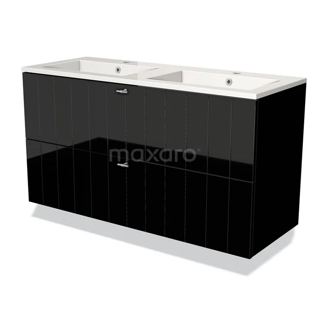 Double black vanity base unit with glossy finish, integrated drawers and white countertop wash basins, perfect for modern bathrooms.