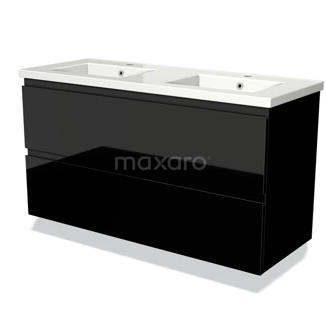 Modulo Vanity units with basin | 120 cm High-gloss black Handle-less front Ceramic 2 Stacked drawers BMW17-01043 Black bathroom furniture set with double basin, high-gloss finish, modern design and spacious storage drawers.