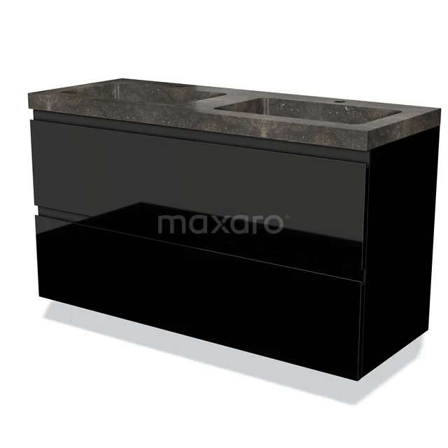 Black bathroom furniture set with glossy finish, marble basin worktop and double drawers for stylish bathroom storage.
