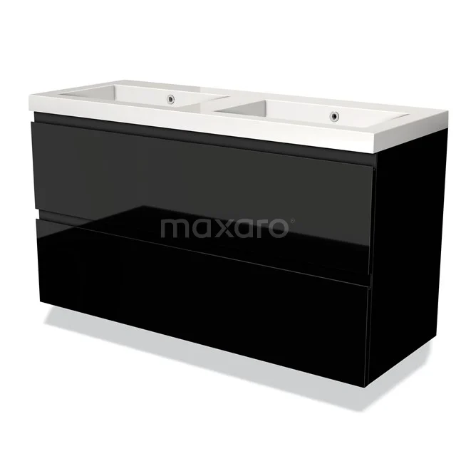 Black double basin base cabinet with high-gloss finish and white basin, ideal for a modern bathroom style.