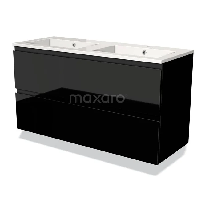 Badmöbel 120cm Modulo Hochglanz Schwarz 2 Schubladen Griffloses Waschbecken Mineralguss BMW17-01051 Zweites Schwarz Badezimmermöbel mit doppeltem Waschbecken, Hochglanz-Finish und schlankem Design, perfekt für ein modernes Badezimmer.