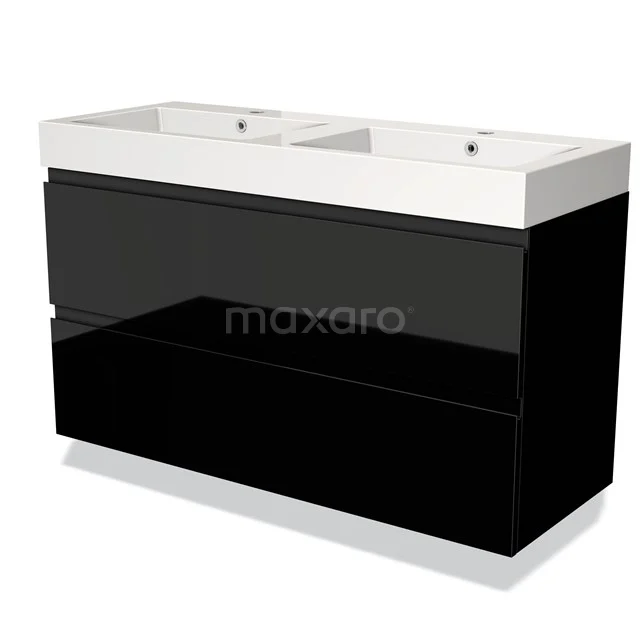 Badmöbel 120cm Modulo Hochglanz Schwarz 2 Schubladen Griffloses Waschbecken Mineralguss BMW17-01052 Schwarze Badmöbelset mit Doppelwaschbecken aus Keramik, moderne Ausstrahlung und glänzender Oberfläche, ideal für große Bäder.