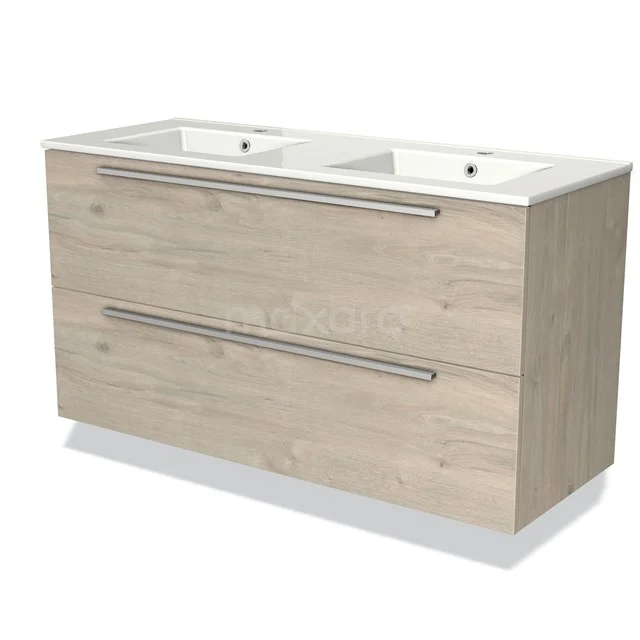 Wooden bathroom unit with vanity units with basin, light Oak finish, two drawers and elegant silver handle design.