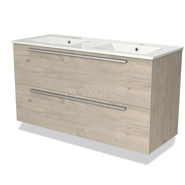 Wooden vanity units with double basin, light oak finish, two wide drawers and modern metal handles.