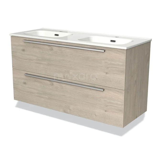 Wooden vanity unit with double sink, light Oak, modern finish, ideal for stylish bathroom design.
