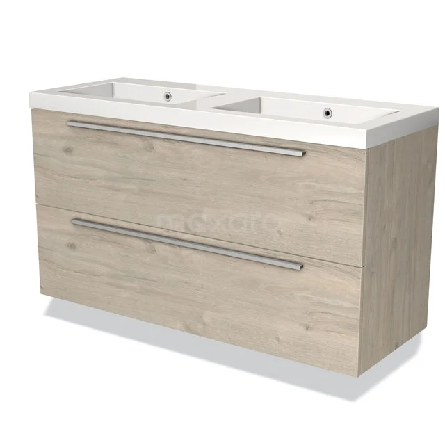 Badezimmermöbel Holzoptik mit Doppelwaschbecken, schlichten Haltegriffen und zwei Schubladen, ideal für moderne Badezimmerlagerung.