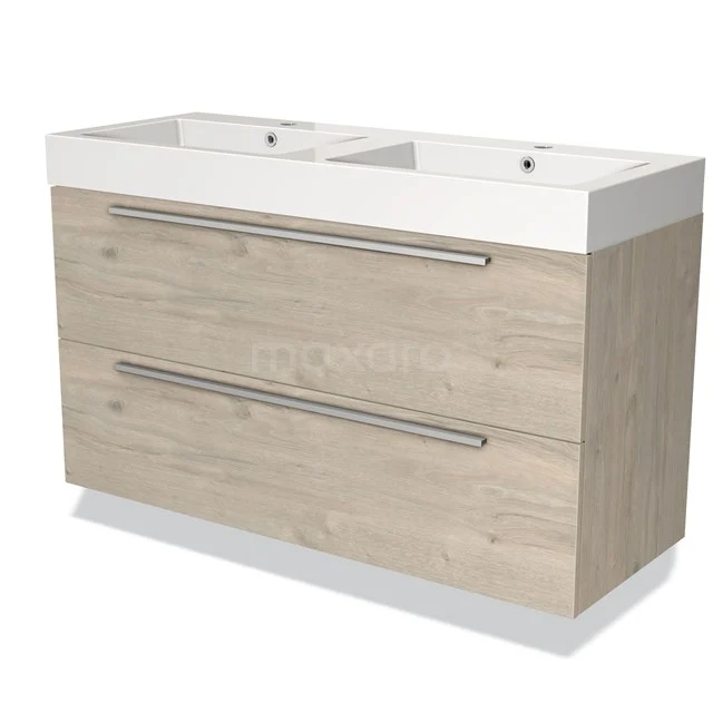 Wooden bathroom unit with double basin, modern drawers and natural wood finish for stylish bathroom design.