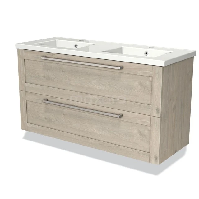 Oak bathroom unit with vanity units with basin, stainless steel drawer handles and modern design, perfect for a stylish bathroom.