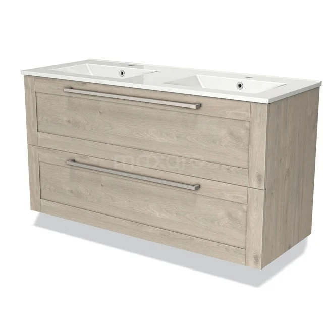 Wooden vanity unit with double sink, light Oak finish, ideal for stylish bathroom storage solution.