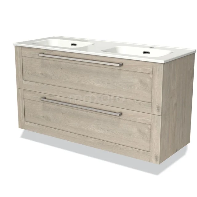 Wooden bathroom unit with two vanity units with basins, light oak colour, modern chest of drawers with metal handles for stylish bathroom storage.