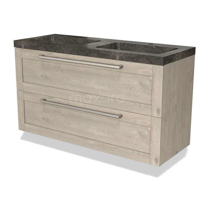 Wooden bathroom unit with two drawers, marble basin worktop and modern handles, ideal for a stylish bathroom.