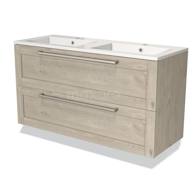 Wooden bathroom unit with double basin, drawer handles and modern finish; perfect for a spacious bathroom.