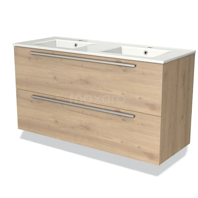 Wooden bathroom unit with double basin, modern drawers and natural Oak finish for a stylish bathroom.