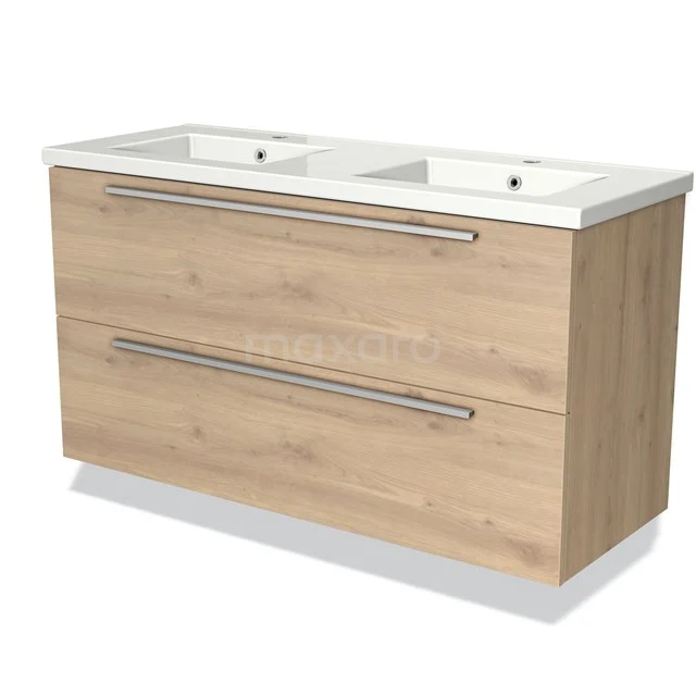 Modulo Bathroom furniture with sink | 120 cm Light brown oak Flat front Ceramic 2 Stacked drawers BMW17-01079 Wooden vanity unit with double basin, light Oak look, modern design, ideal for spacious bathrooms.