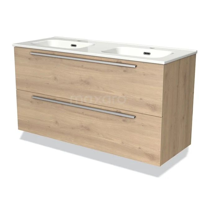 Wooden vanity unit with double basin, light oak look, sleek metal handles, ideal for a modern bathroom.