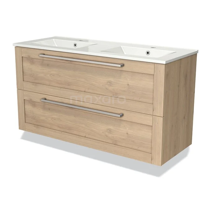 Houten badkamermeubel met dubbele wastafel, twee lades en moderne metalen grepen, ideaal voor stijlvol opbergen.