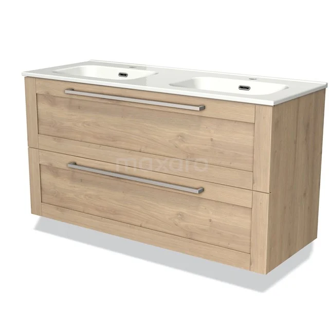 Houten badkamermeubel met dubbele wastafel, lade-indeling en modern design, perfect voor praktische badkameropslag.