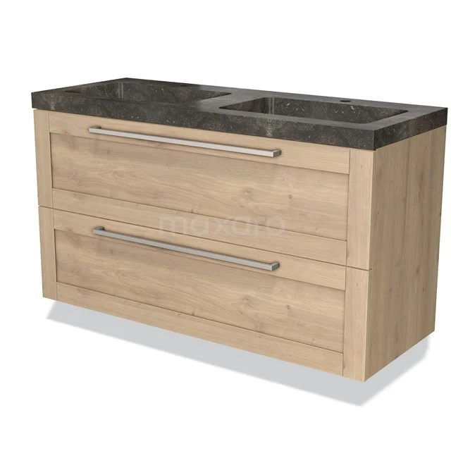 Houten badkamermeubel met natuurstenen wastafel, eikenlook design, twee lades en rvs-handgrepen, modern en stijlvol.