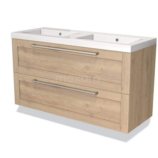 Houten badkamermeubel met dubbele witte wastafel, moderne afwerking en ruime opbergladen voor een stijlvolle badkamer.