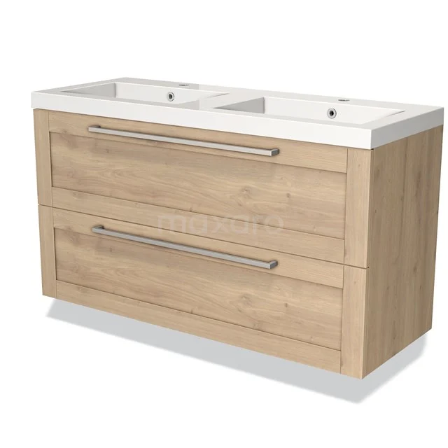 Houten badkamermeubel met dubbele wastafel, licht eiken kleur, twee lades en strakke zilveren grepen.