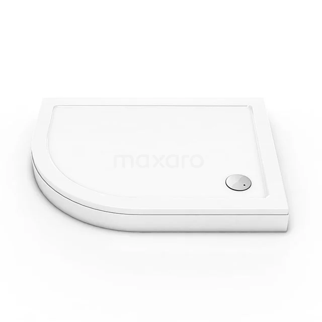 Weiße Viertelrunde Duschwanne aus Keramik mit Abfluss in der Ecke, ideal für eine stilvolle und kompakte Badezimmergestaltung.