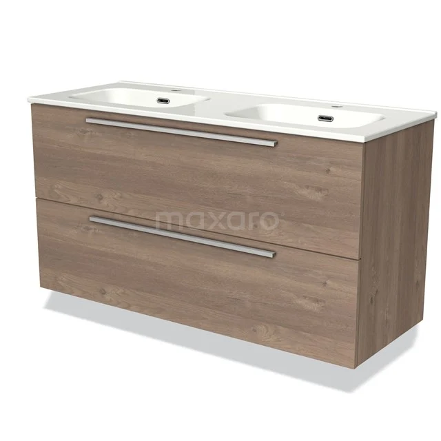 Houten badkamermeubel met dubbele wastafel, eiken look, twee brede lades met metalen grepen, stijlvol en praktisch ontwerp.