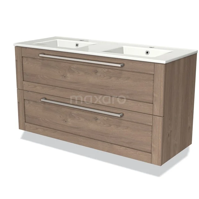 Wooden vanity unit double sink, natural wood look, modern drawers and handles. Perfect for a stylish bathroom.