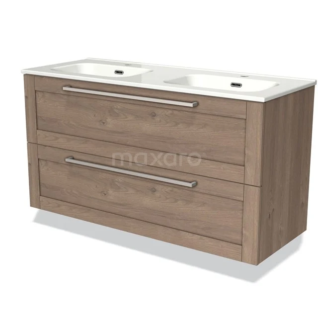 Houten badkamermeubel met dubbele wastafel, twee ruime lades en strakke handgrepen, ideaal voor een moderne badkamerstijl.
