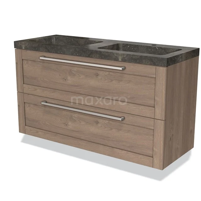 Holz-Badmöbel mit dunklem Marmor-Waschbecken, zwei Schubladen mit silbernen Haltegriffen, modernes Design.