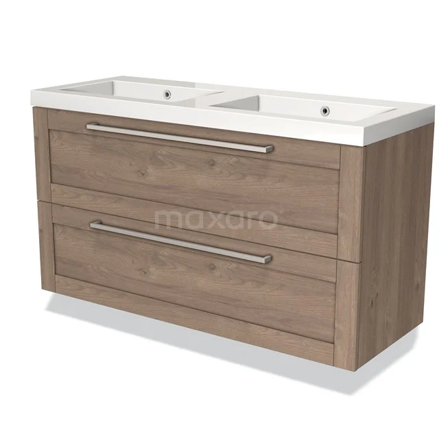 Modulo Bathroom furniture with sink | 120 cm Mid brown oak Bordered front Mineral marble 2 Stacked drawers BMW17-01121 Wooden bathroom unit with double basin, natural Oak colour, two drawers and metal handles, ideal for modern bathrooms.