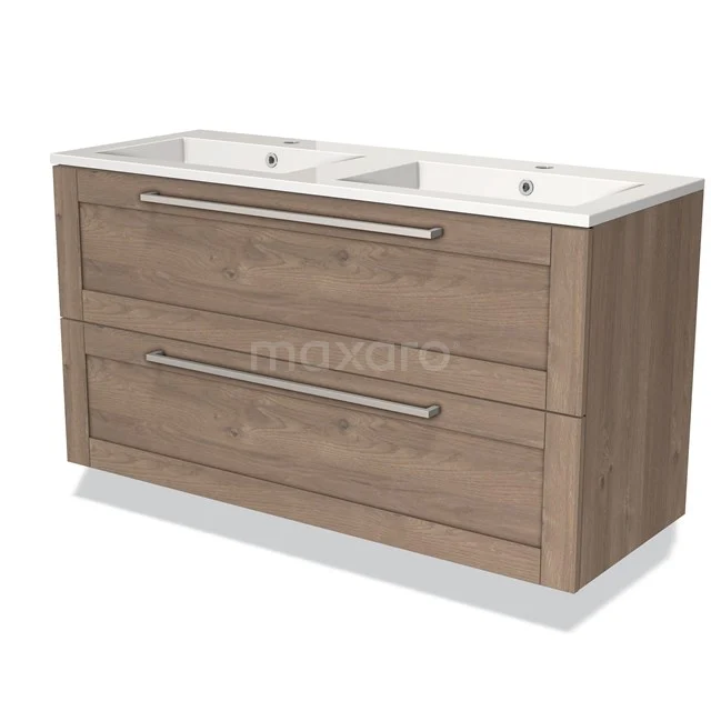 Wooden bathroom unit with double basin, drawer fronts in oak look, ideal for modern bathrooms.