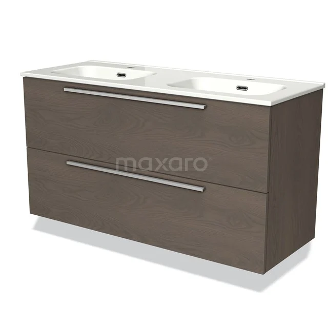 Dubbele wastafel met houten onderkast in walnootkleur, strakke grepen en modern design. Perfect voor een stijlvolle badkamer.