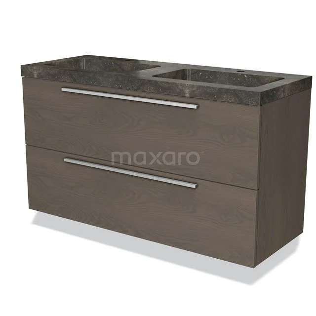 Wooden bathroom unit with two drawers, dark brown, rectangular design, including black marble basin worktop.
