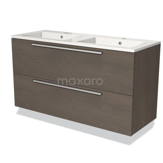 Wooden bathroom unit with double basin, modern design, drawers with metal handles, ideal for a stylish bathroom.