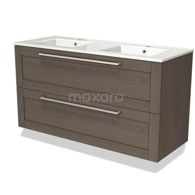 Brown wooden double basin with white ceramic sink and sleek metal handles, ideal for a modern bathroom.