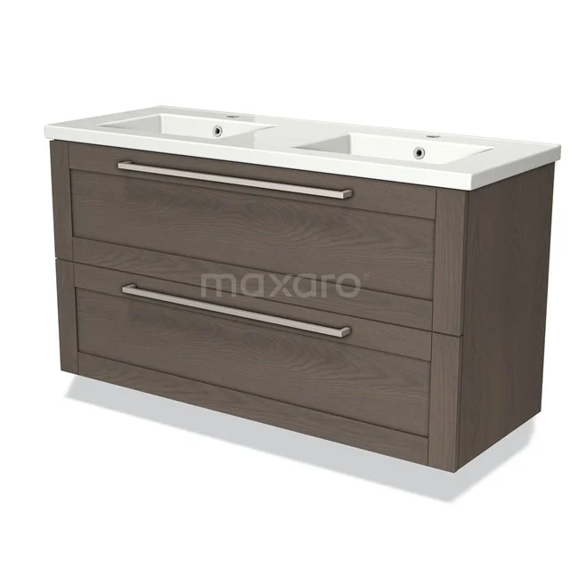 Double vanity unit in modern wood-look design, with two ceramic sinks and metal handles, ideal for the bathroom.