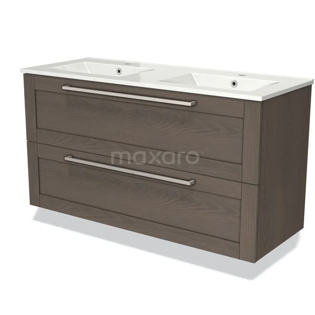 Bruine houten badkamermeubel met dubbele wastafel, strak design en ruime lades voor optimale opslag in de badkamer.