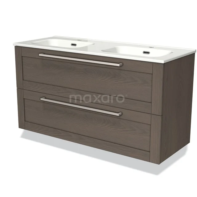 Houten badkamermeubel met twee witte wastafels, dubbele lades en modern ontwerp, ideaal voor een stijlvolle badkamer.