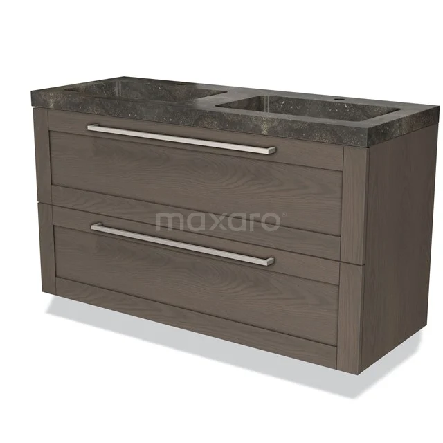 Houten wastafelmeubel met donkere marmeren wasbak, twee brede lades en metalen handgrepen voor een stijlvolle badkamerinrichting.